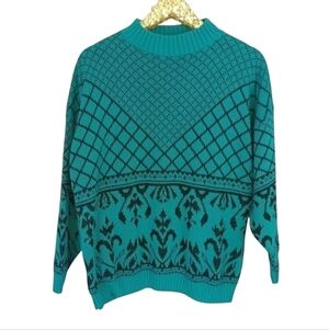 Vintage 50's Lauren Women's Blue Green Geometric Sweater Art Deco Cozy Plus Size
